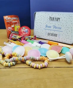 Coffret bonbons des années 80  “Pour papy […] qui déchire”(Boîte en métal) – cadeau personnalisé
