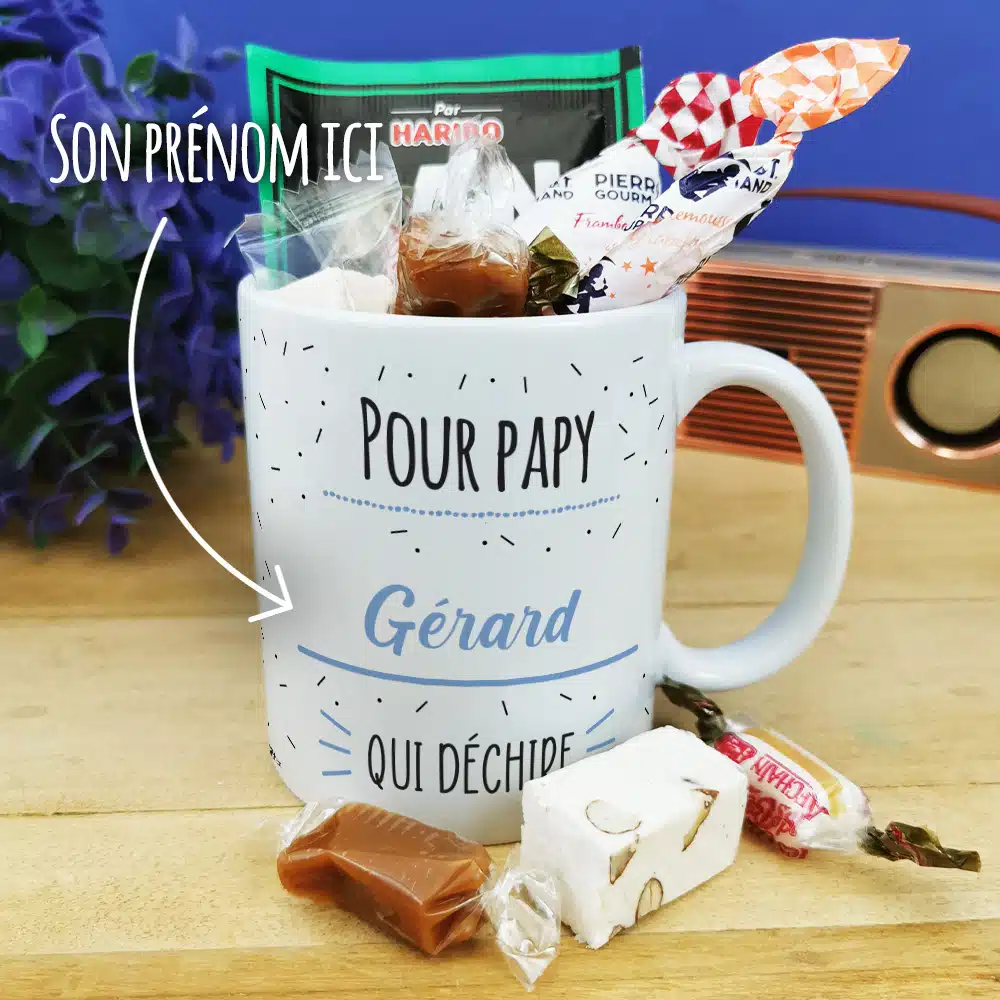 Mug bonbon années 60 “Pour papy qui déchire”- Cadeau papy personnalisé