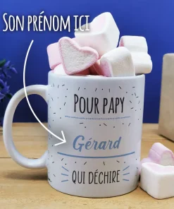 Mug “Pour papy qui déchire”et ses guimauves coeurs x 10  – cadeau personnalisé