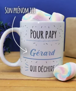 Mug et ses guimauves torsades x5 “Pour papy qui déchire”- cadeau personnalisé