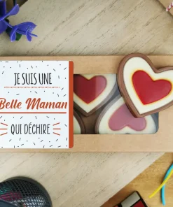 Cœurs au chocolat au lait rouge et blanc x4 “Je suis une belle maman qui déchire”  – cadeau belle mère