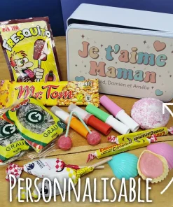 Coffret bonbons des années 70 “Je t’aime maman” – cadeau personnalisable