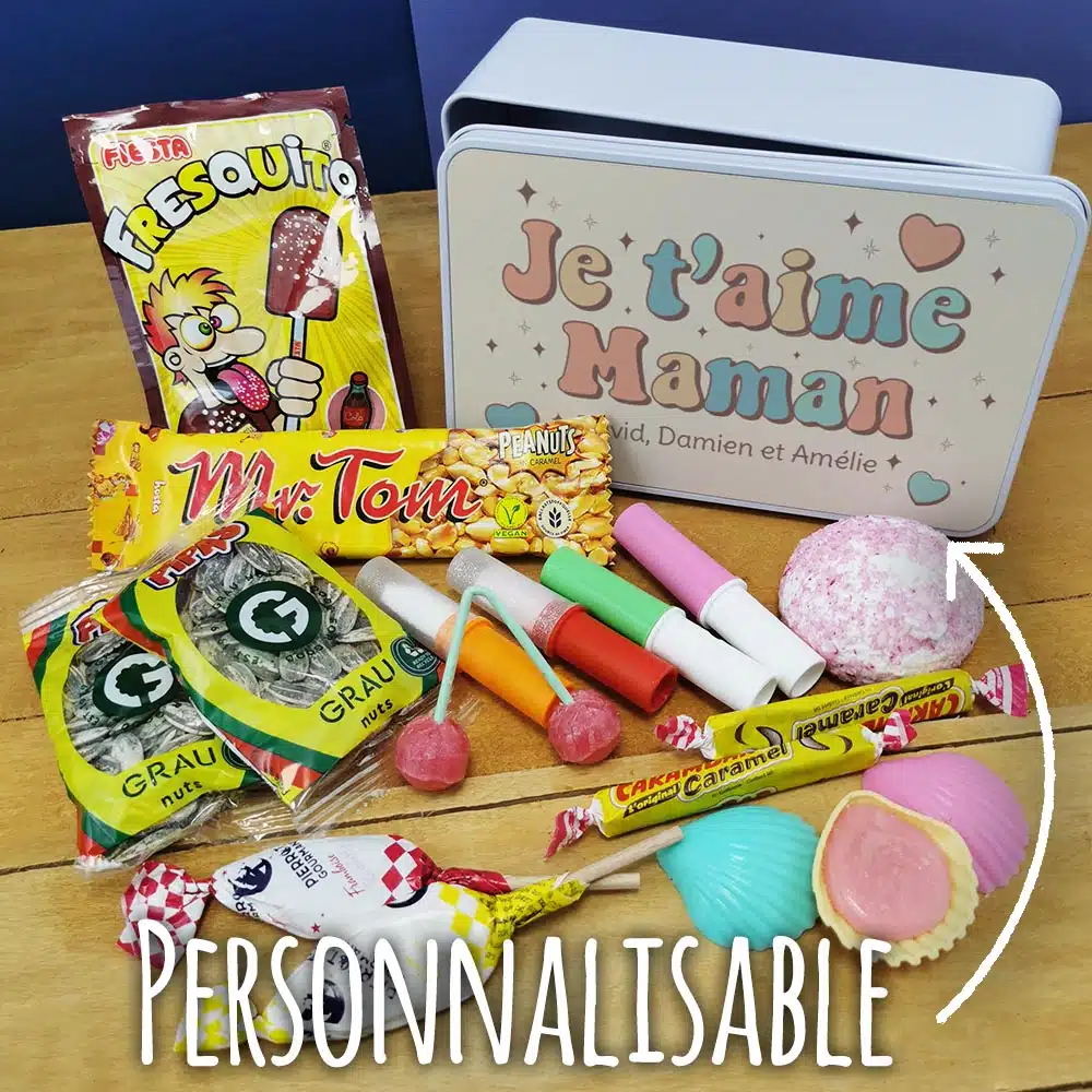 Coffret bonbons des années 70 “Je t’aime maman” – cadeau personnalisable