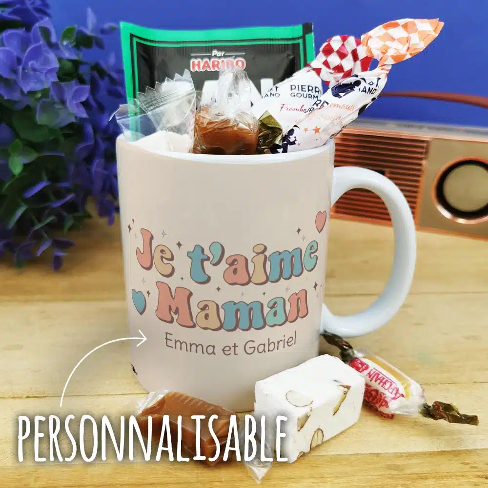 Mug bonbons des années 60 “Je t’aime maman” – cadeau personnalisable