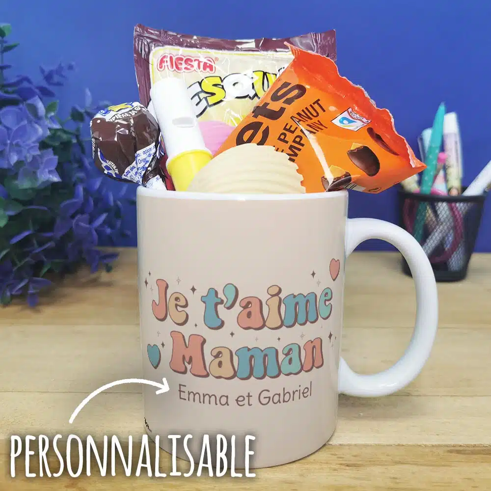 Mug bonbons des années 70 “Je t’aime maman” – cadeau personnalisable