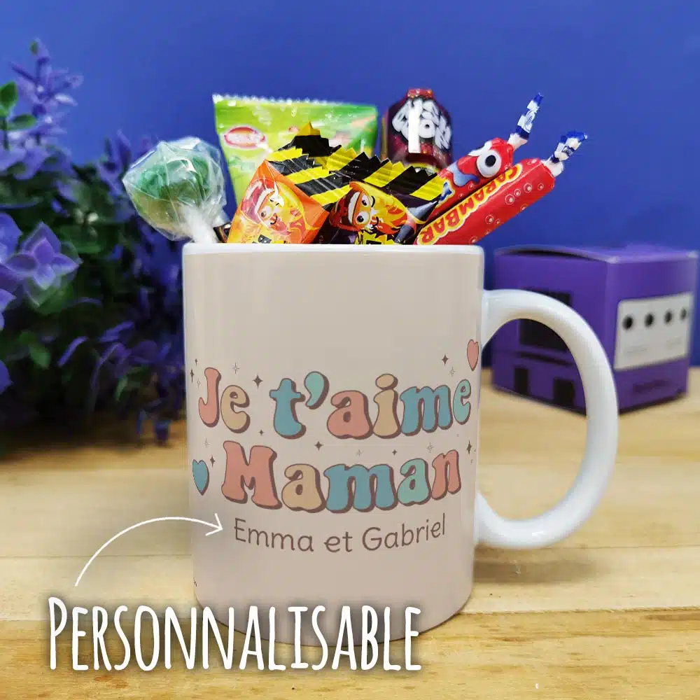 Mug bonbons des années 90 “Je t’aime maman” – cadeau personnalisable