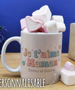 Mug “Je t’aime maman” et ses guimauves coeurs x10  – cadeau personnalisable