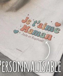 Plaid doux gris clair “Je t’aime Maman”- Cadeau maman personnalisable