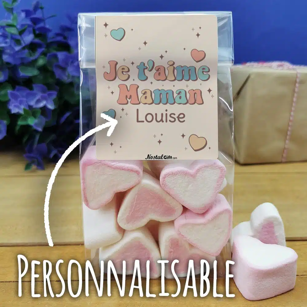 Sachet gros coeurs en guimauve x 15 – “Je t’aime Maman” – personnalisable