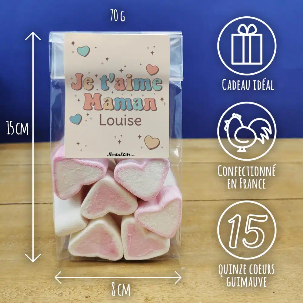Sachet gros coeurs en guimauve x 15 – “Je t’aime Maman” – personnalisable – Image 2