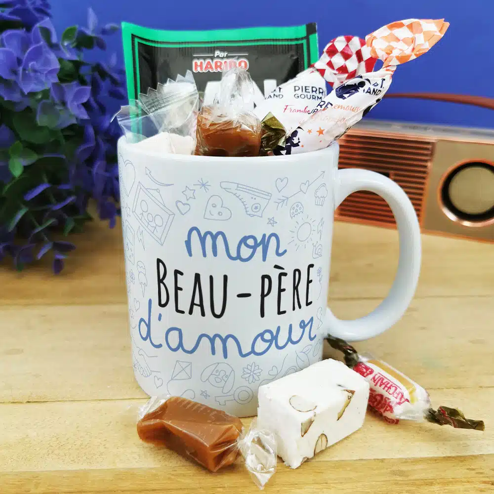 Mug bonbon années 60 “Mon beau-père d’amour” de la collection “D’amour – Cadeau d’un anniversaire : beau père