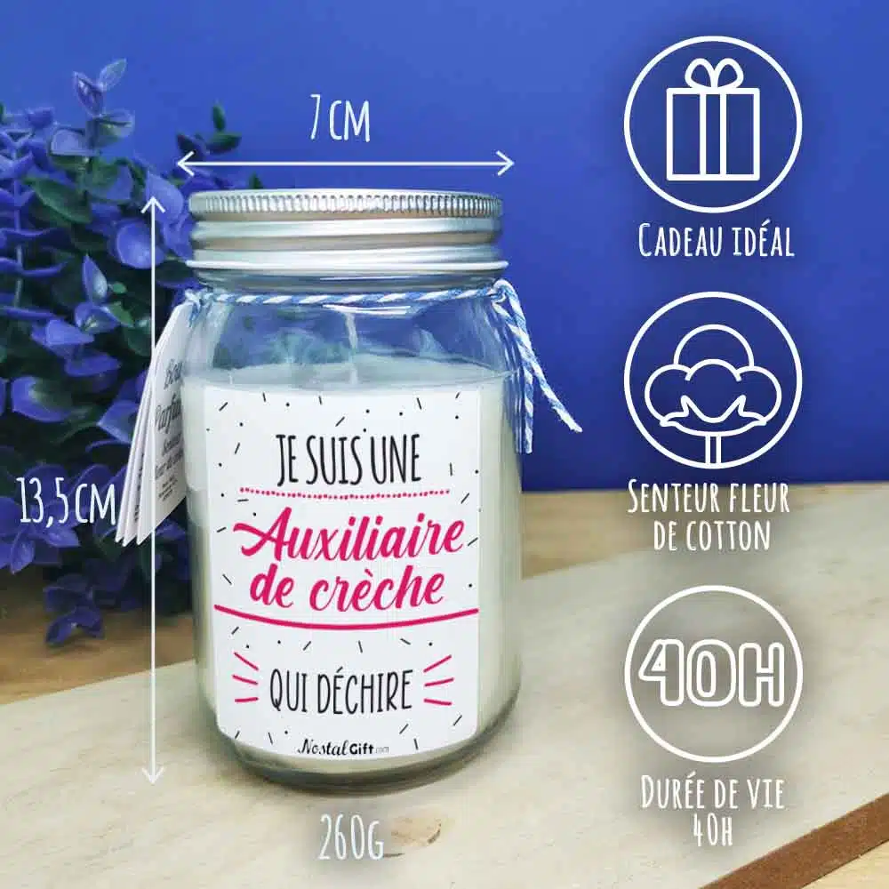Bougie Jar blanche “Je suis une auxiliaire de crèche qui déchire” – Image 4