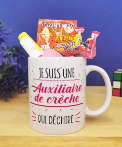 Mug bonbon années 80  “Je suis une auxiliaire de crèche qui déchire”
