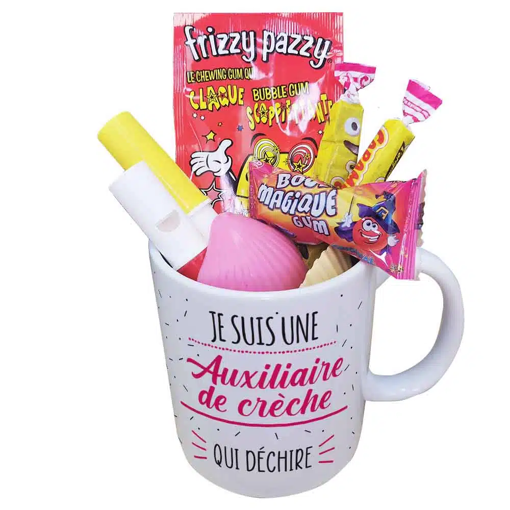Mug bonbon années 80 “Je suis une auxiliaire de crèche qui déchire” – Image 2