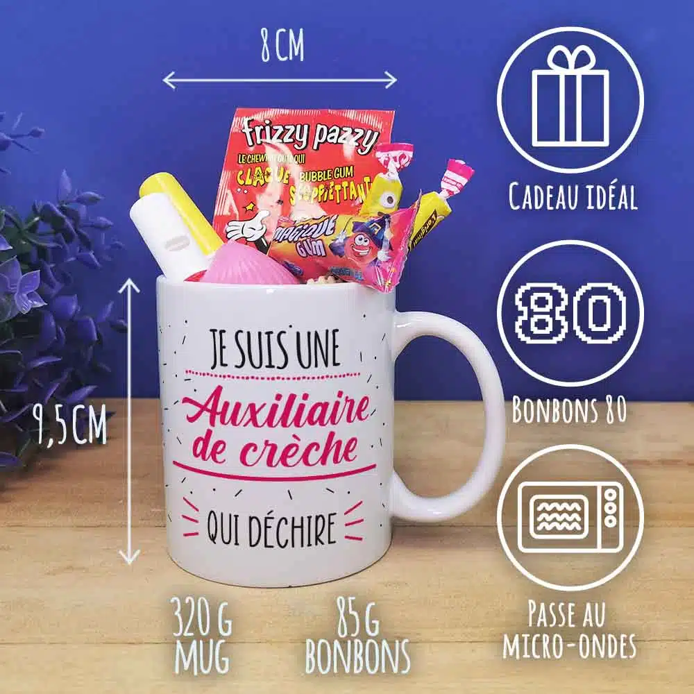 Mug bonbon années 80 “Je suis une auxiliaire de crèche qui déchire” – Image 4