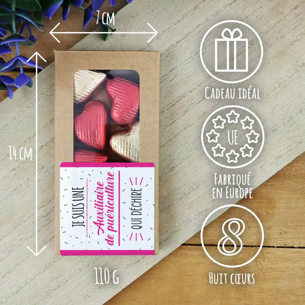 Cœurs au chocolat au lait et chocolat noir praliné x8 “je suis une auxiliaire de puériculture qui déchire” – Image 3