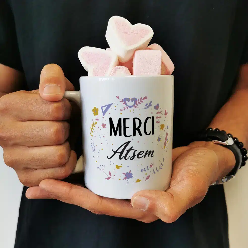 Mug “Merci Atsem” et ses guimauves coeurs x10 – collection florale – Image 3