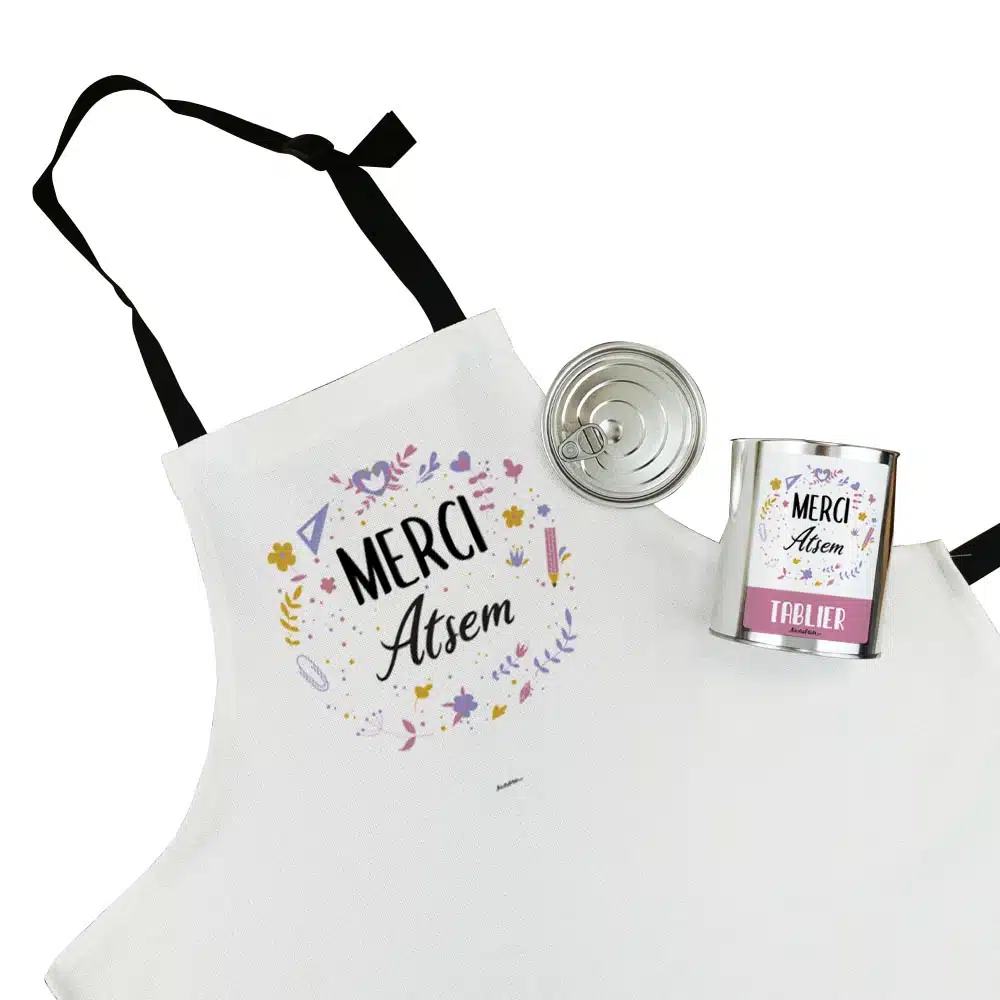 Tablier de cuisine “Merci Atsem” personnalisable – collection florale – Image 5