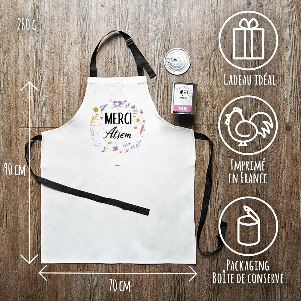 Tablier de cuisine “Merci Atsem” personnalisable – collection florale