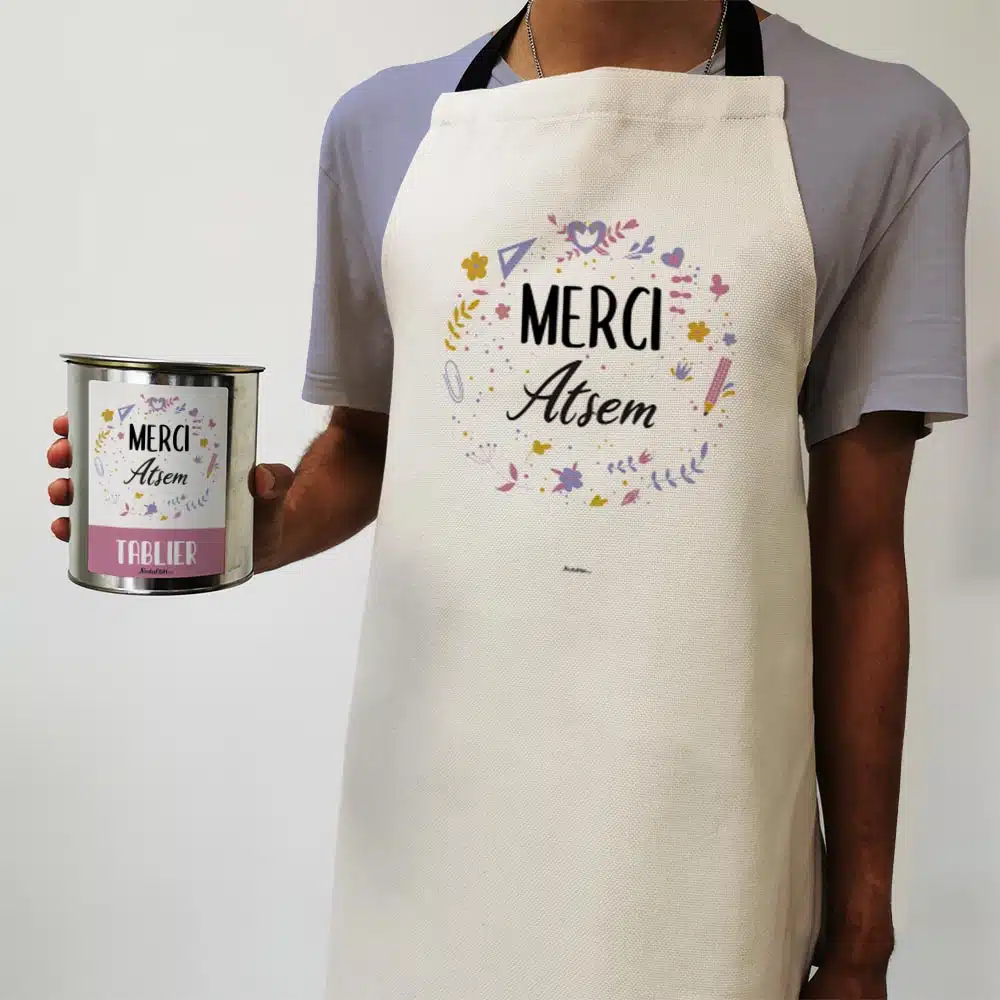 Tablier de cuisine “Merci Atsem” personnalisable – collection florale – Image 2