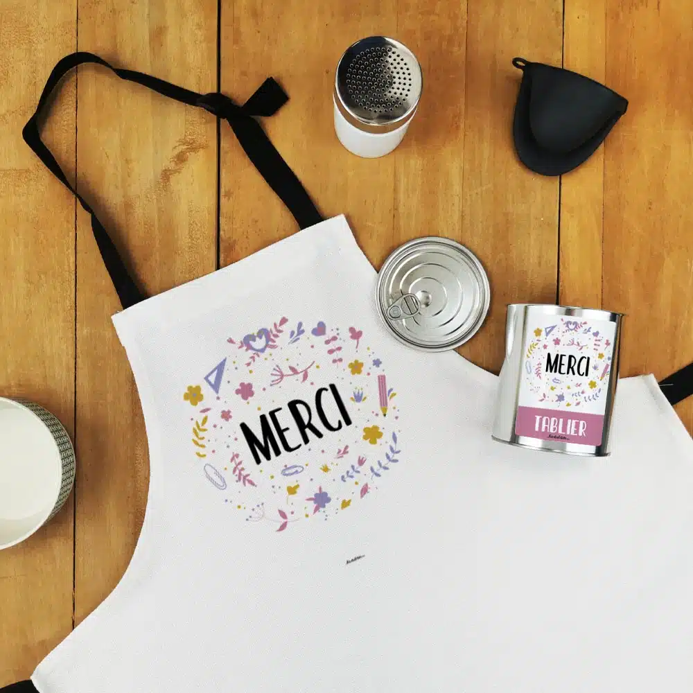 Tablier de cuisine “Merci” personnalisable – collection florale – Image 3