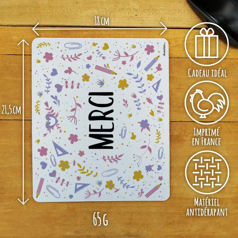 Tapis de souris “Merci” Collection florale – Cadeau personnalisable