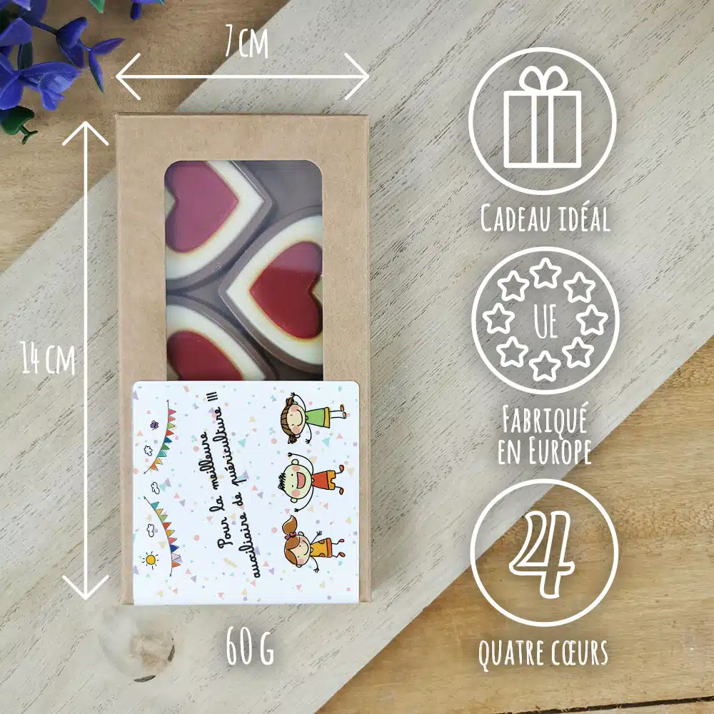 Cœurs au chocolat au lait rouge et blanc x4 “Pour la meilleure auxiliaire de puériculture” – Cadeau pour la fin de l’année scolaire : Auxiliaire de puericulture – Image 3