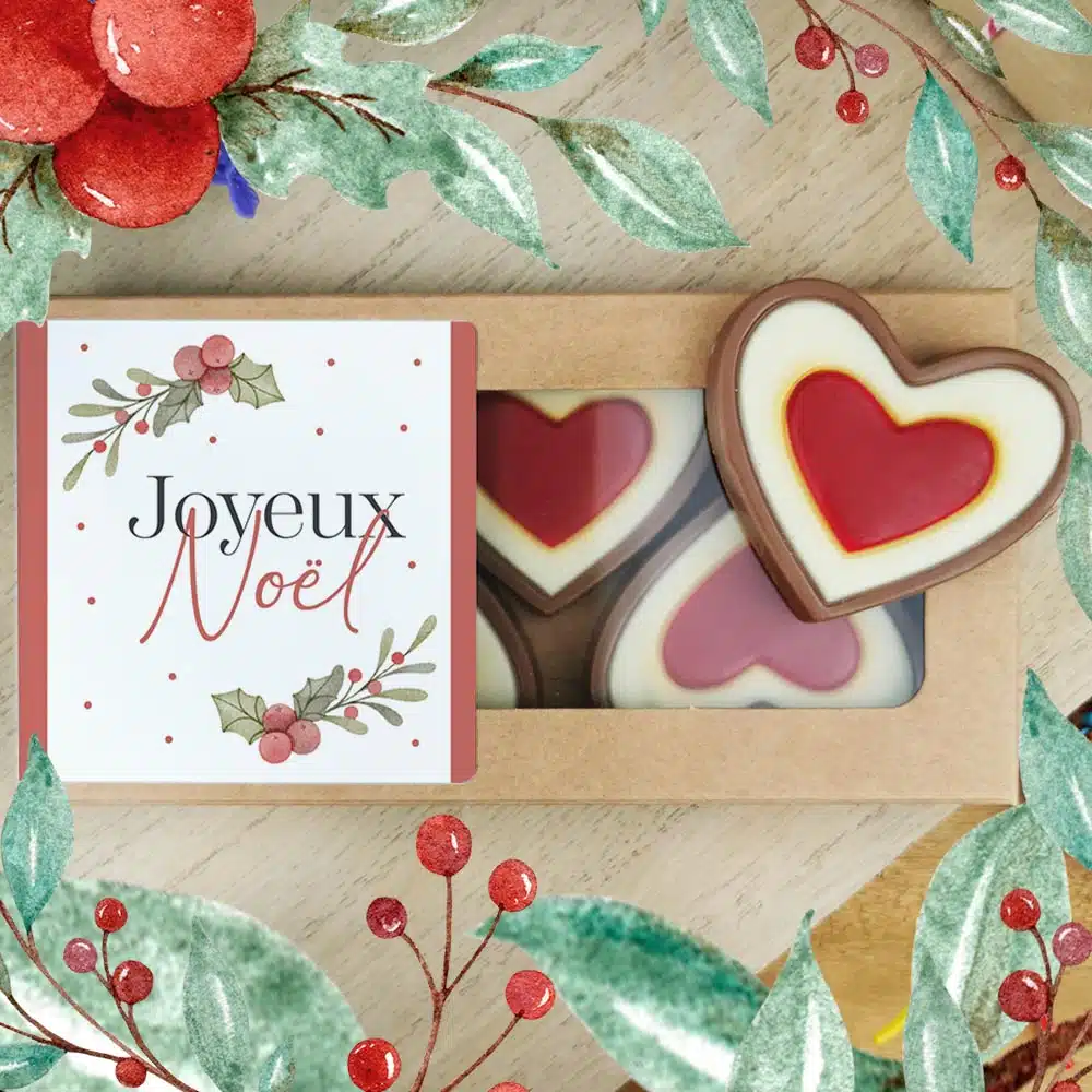 Cœurs au chocolat au lait rouge et blanc x4 “Joyeux Noël” – Cadeau Noël