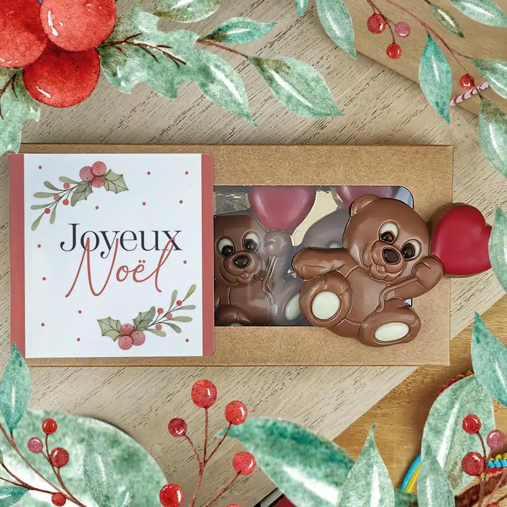 Oursons au chocolat au lait x3 “Joyeux Noël” – Cadeau Noël