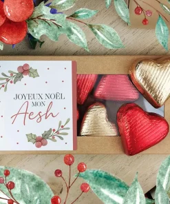 Cœurs au chocolat au lait et chocolat noir praliné x8 “Joyeux Noël mon Aesh” – Cadeau Noël