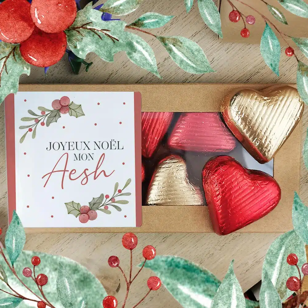 Cœurs au chocolat au lait et chocolat noir praliné x8 “Joyeux Noël mon Aesh” – Cadeau Noël