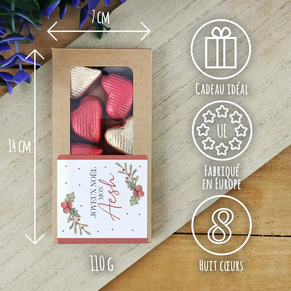 Cœurs au chocolat au lait et chocolat noir praliné x8 “Joyeux Noël mon Aesh” – Cadeau Noël – Image 3