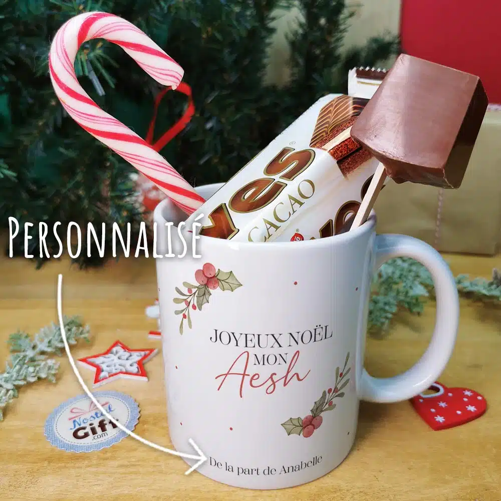 Mug “Joyeux Noël mon Aesh” personnalisé et ses confiseries rétro – Cadeau Noël – Image 2