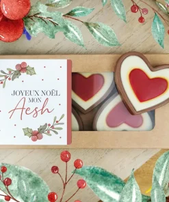 Cœurs au chocolat au lait rouge et blanc x4 “Joyeux Noël mon Aesh” – Cadeau Noël