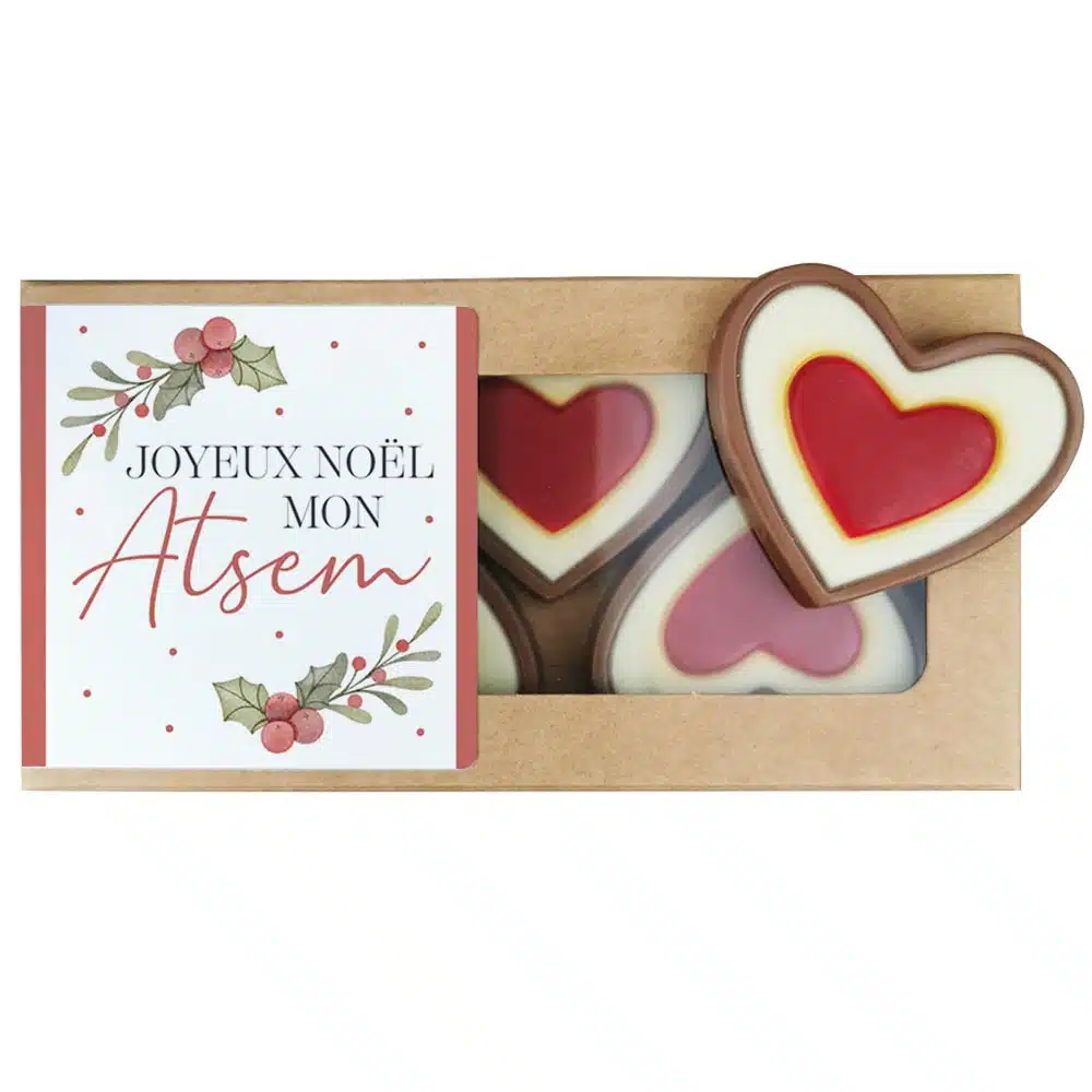Cœurs au chocolat au lait rouge et blanc x4 “Joyeux Noël mon Atsem” – Cadeau Noël – Image 2