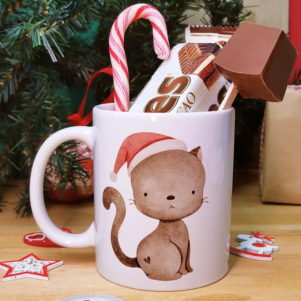 Mug “Joyeux Noël” personnalisé et ses confiseries rétro – Chat de Noël – Cadeau Noël – Image 2