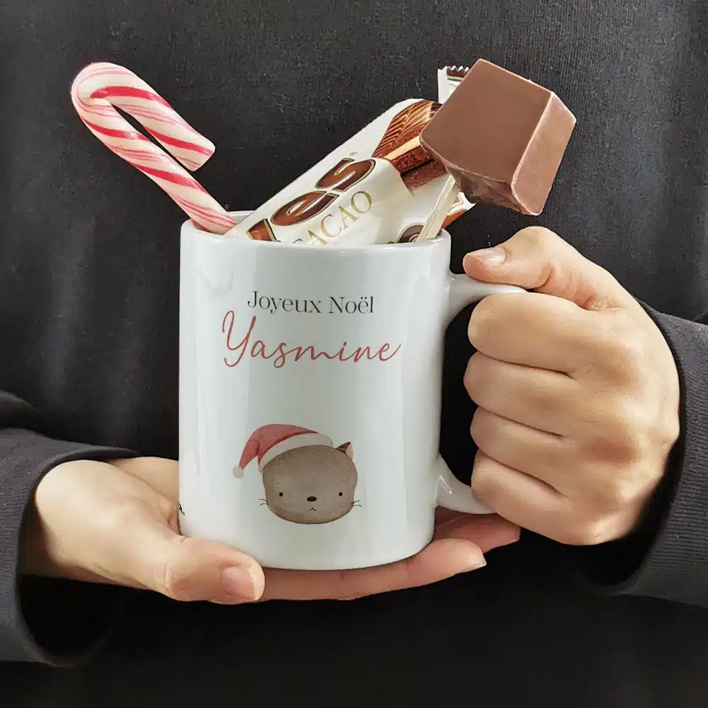 Mug “Joyeux Noël” personnalisé et ses confiseries rétro – Chat de Noël – Cadeau Noël – Image 4