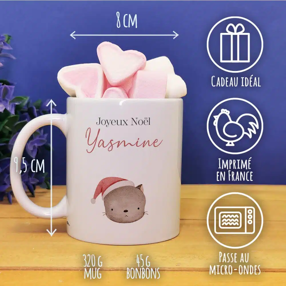 Mug “Joyeux Noël ” personnalisé et ses guimauves coeurs x10 – Chat de Noël – Image 2