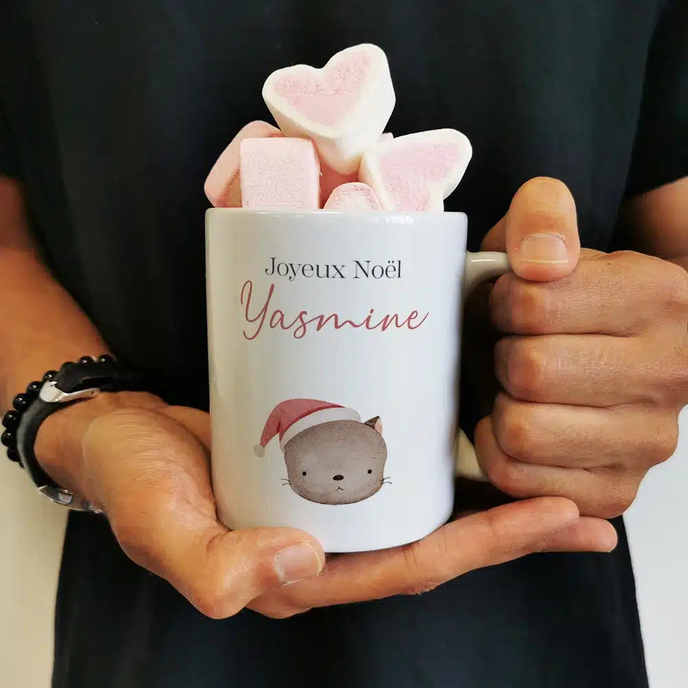Mug “Joyeux Noël ” personnalisé et ses guimauves coeurs x10 – Chat de Noël – Image 5