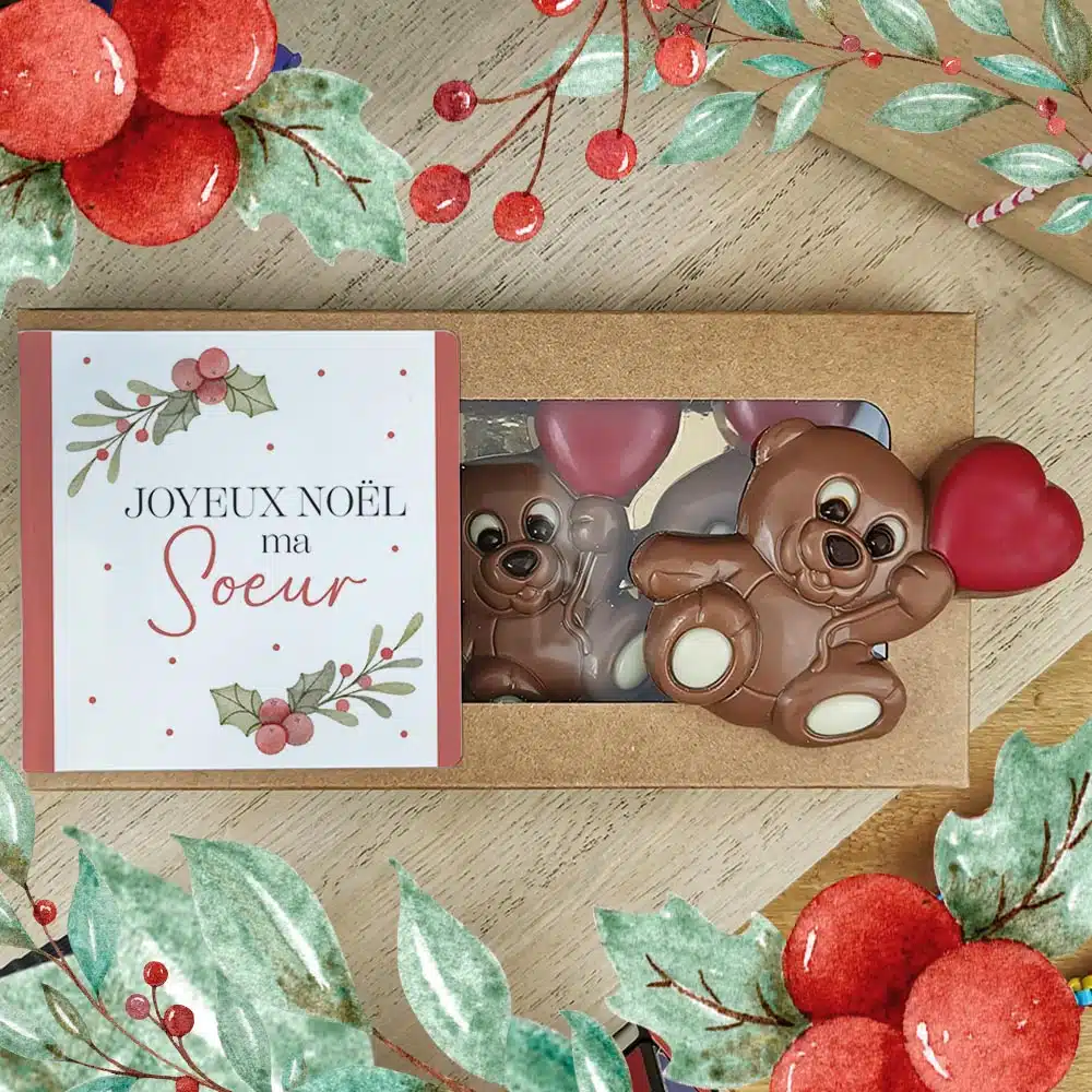 Oursons au chocolat au lait x3 “Joyeux Noël ma soeur” – Cadeau Noël