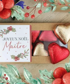 Cœurs au chocolat au lait et chocolat noir praliné x8 “Joyeux Noël Maître” – Cadeau Noël