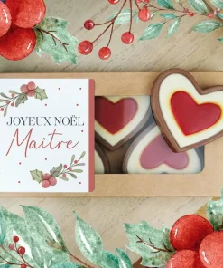 Cœurs au chocolat au lait rouge et blanc x4 “Joyeux Noël Maître” – Cadeau Noël
