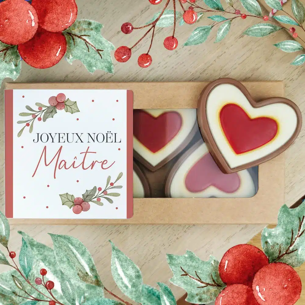 Cœurs au chocolat au lait rouge et blanc x4 “Joyeux Noël Maître” – Cadeau Noël