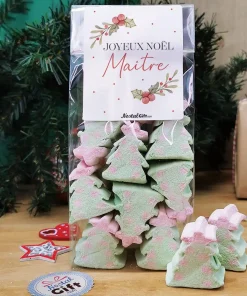 Sachet de guimauve sapin de Noël x 10 – “Joyeux Noël Maître” – Cadeau Noël