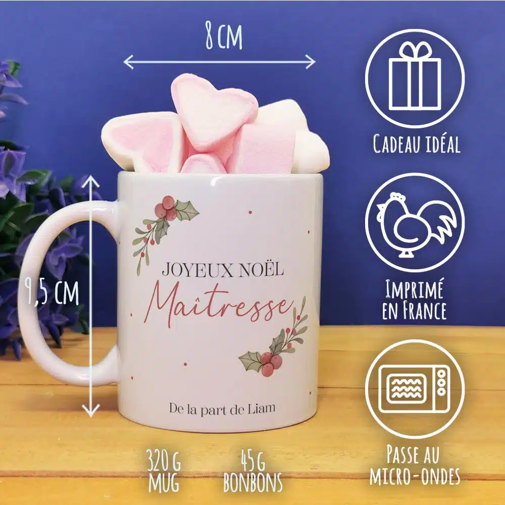 Mug “Joyeux Noël Maîtresse” personnalisé et ses guimauves coeurs x10 – Cadeau Noël – Image 4