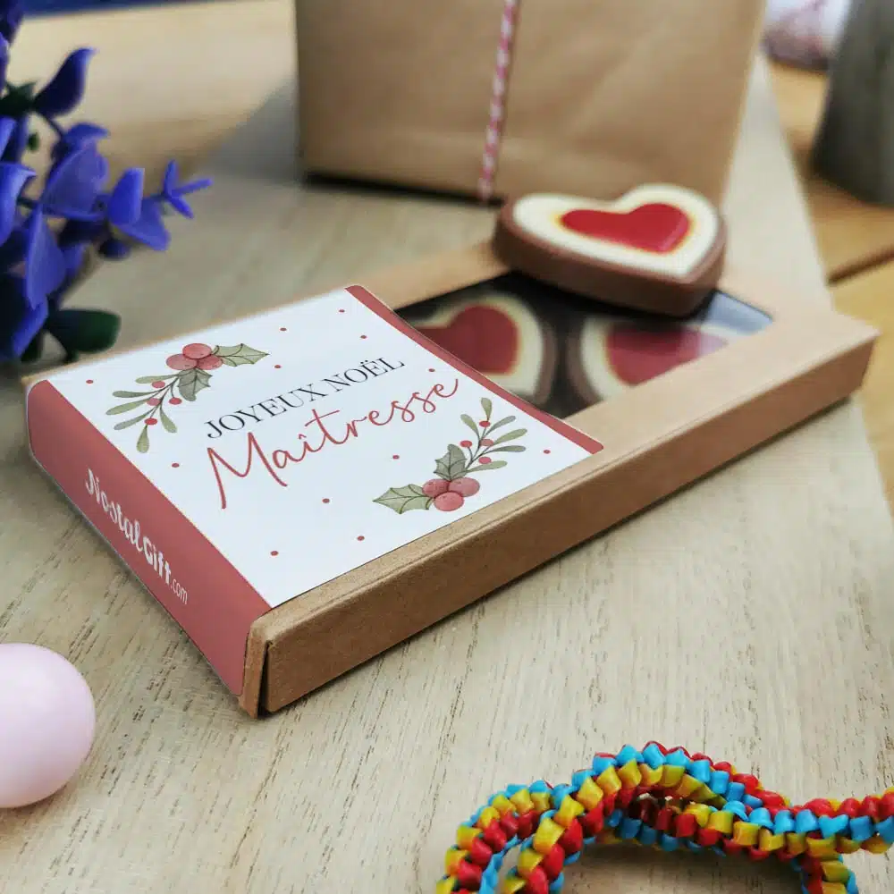 Cœurs au chocolat au lait rouge et blanc x4 “Joyeux Noël Maîtresse” – Cadeau Noël – Image 2