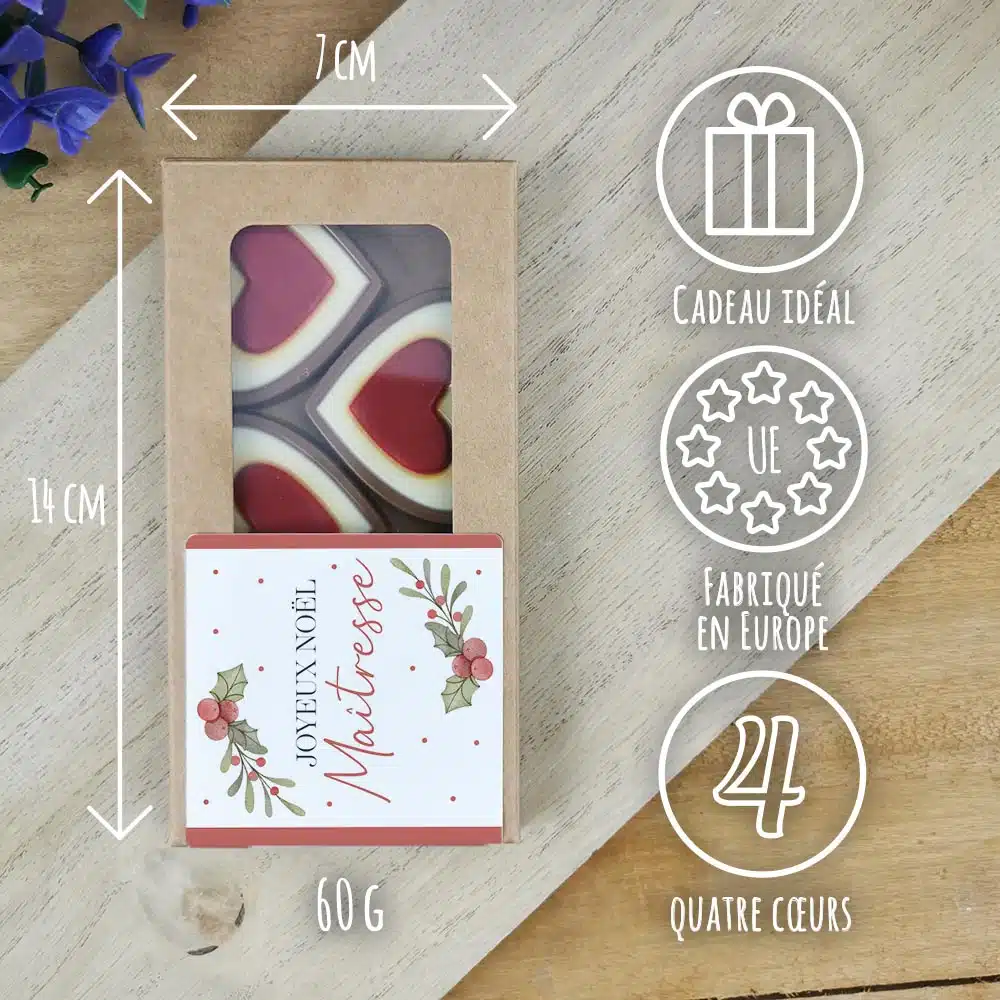 Cœurs au chocolat au lait rouge et blanc x4 “Joyeux Noël Maîtresse” – Cadeau Noël – Image 3