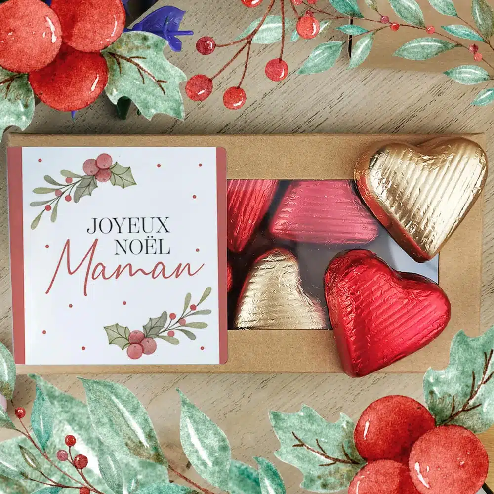 Cœurs au chocolat au lait et chocolat noir praliné x8 “Joyeux Noël Maman” – Cadeau Noël