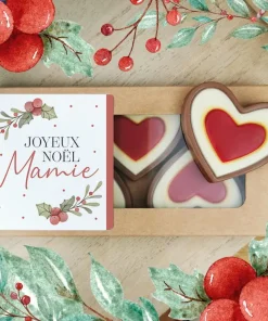 Cœurs au chocolat au lait rouge et blanc x4 “Joyeux Noël Mamie” – Cadeau Noël