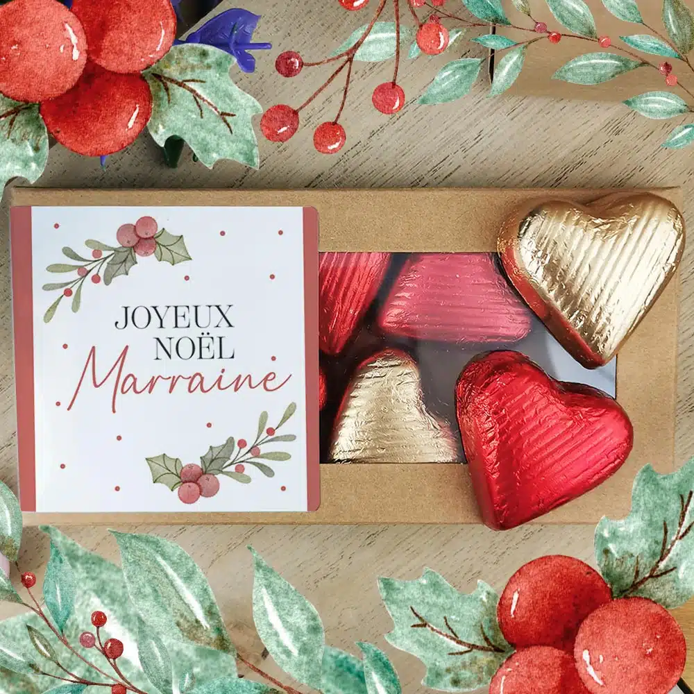 Cœurs au chocolat au lait et chocolat noir praliné x8 “Joyeux Noël Marraine” – Cadeau Noël